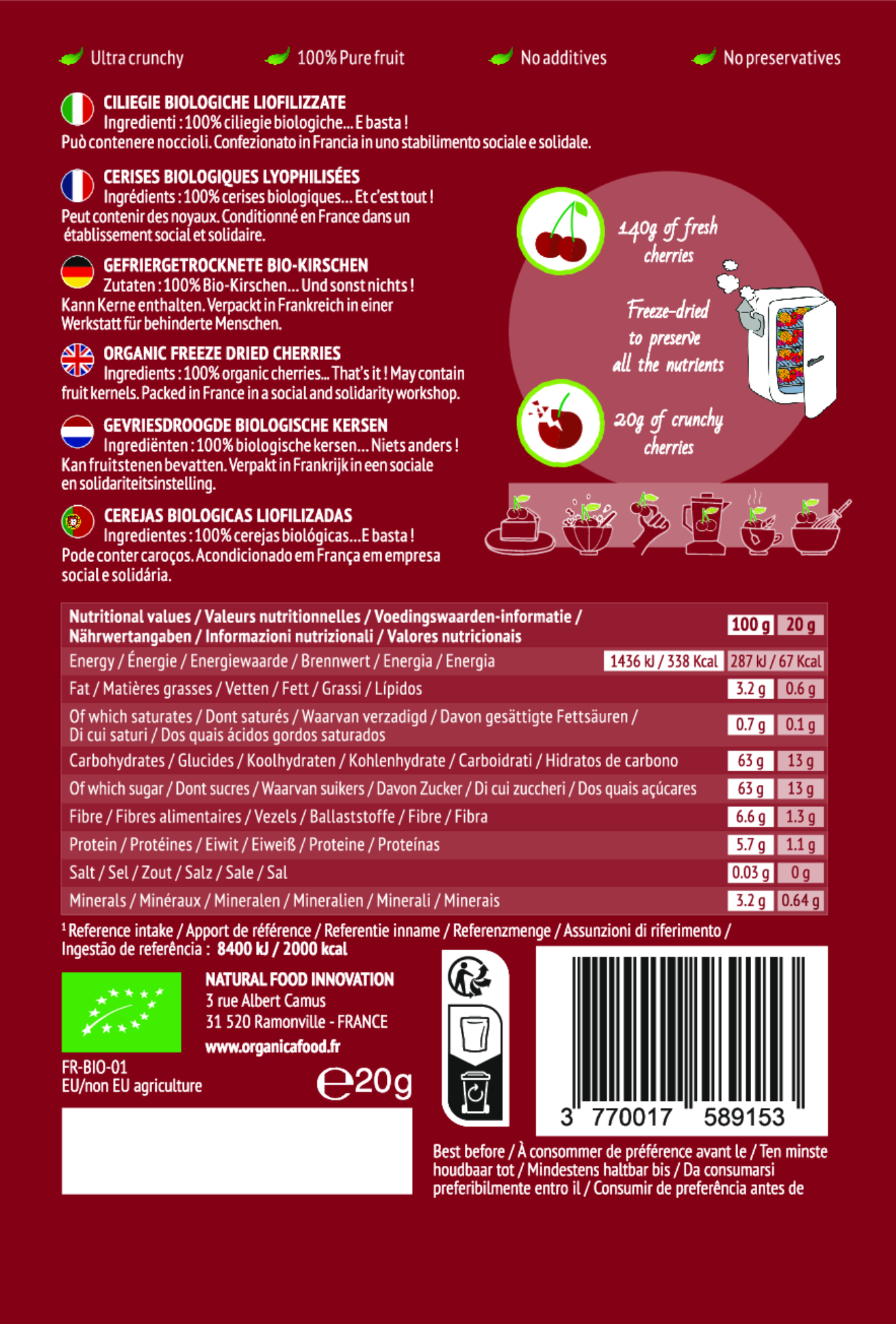 Organic freeze-dried cherries 100% pure fruit | Organica Food