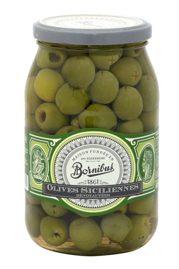 GREEN SICILIAN PITTED OLIVES - BORNIBUS