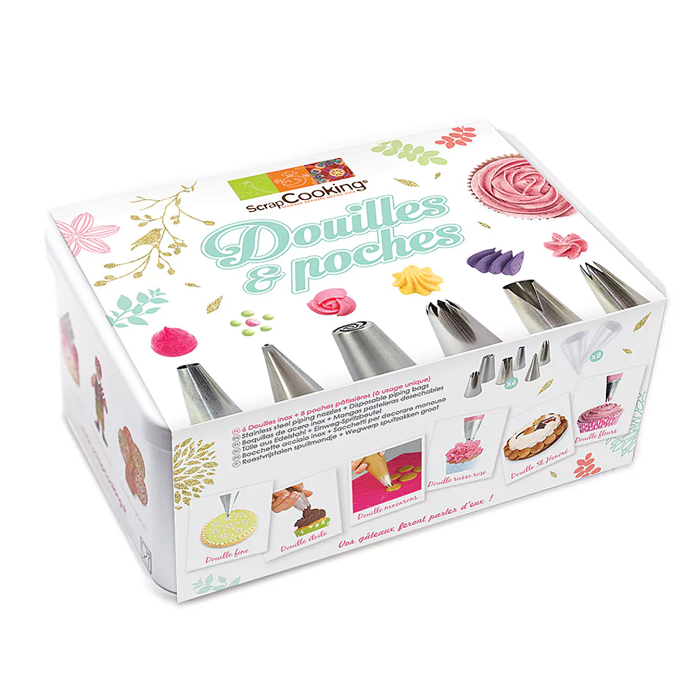 Metal Box 6 Stainless Steel Sockets and 8 Pastry Bags  - Scrapcooking