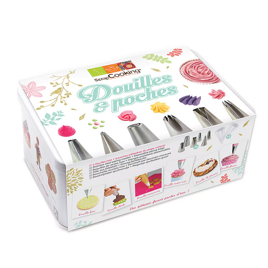 Metal Box 6 Stainless Steel Sockets and 8 Pastry Bags  - Scrapcooking