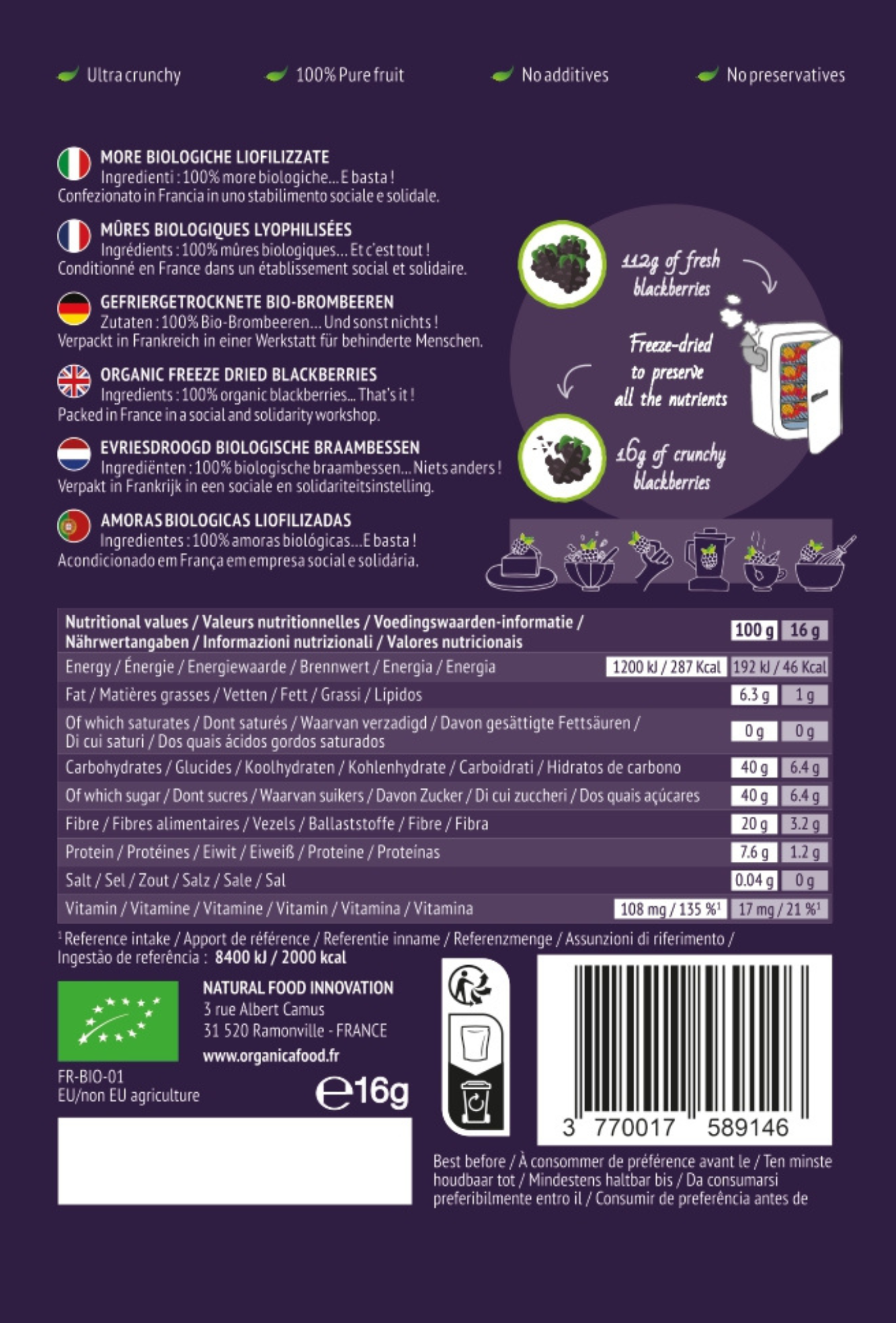 Organic freeze-dried Blackberries 100% pure fruit | Organica Food