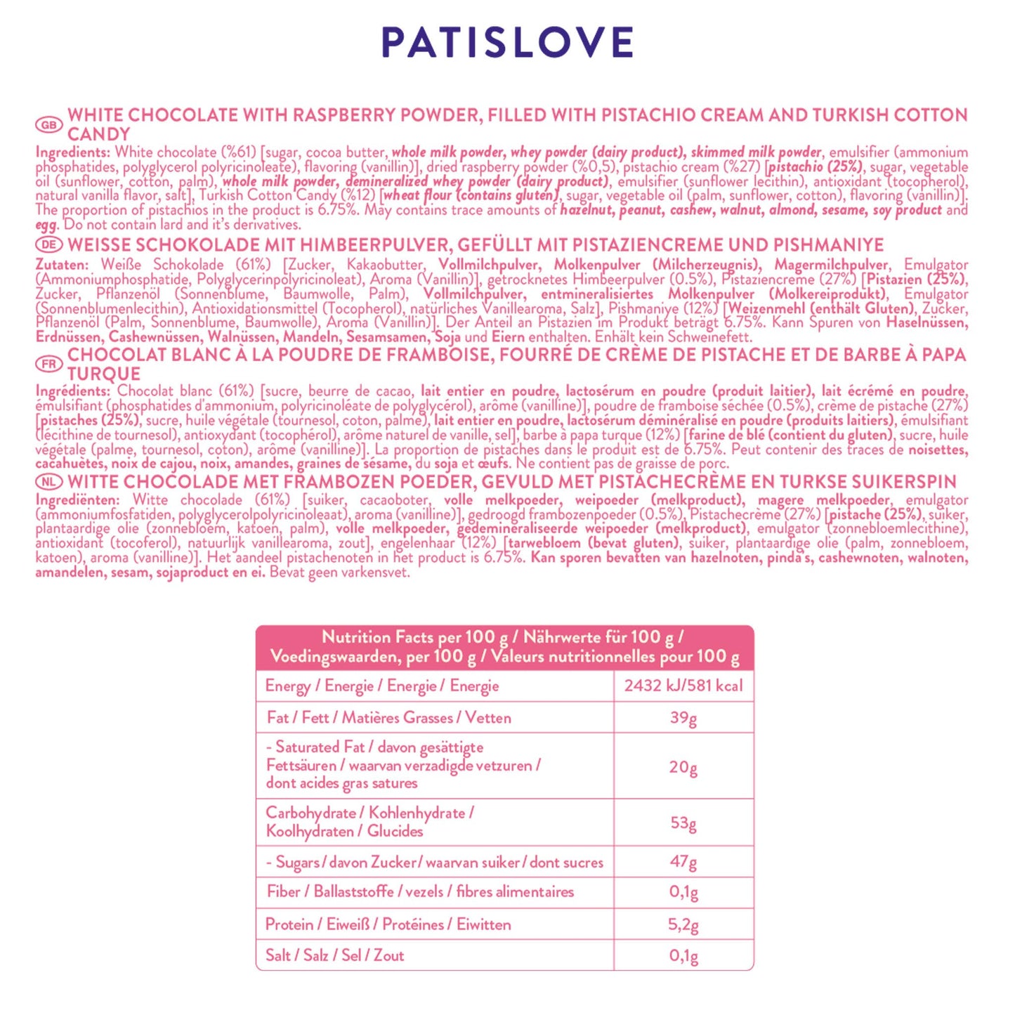 Angel’s Hair White Chocolate with Dried Raspberry Powder - Patislove 90gr
