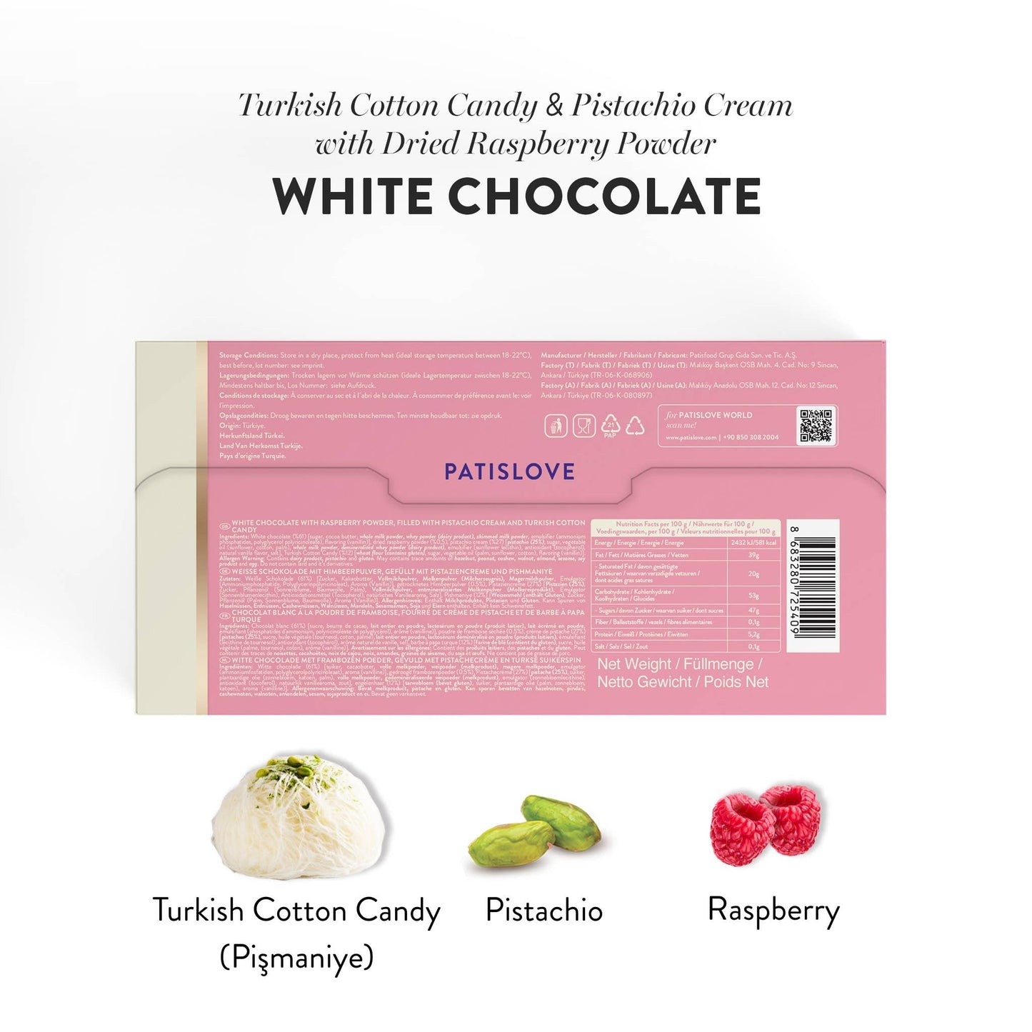 Angel’s Hair White Chocolate with Dried Raspberry Powder - Patislove 90gr