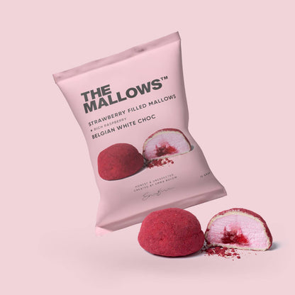 Strawberry mallows , white chocolate coated and raspberry powder- the Mallows