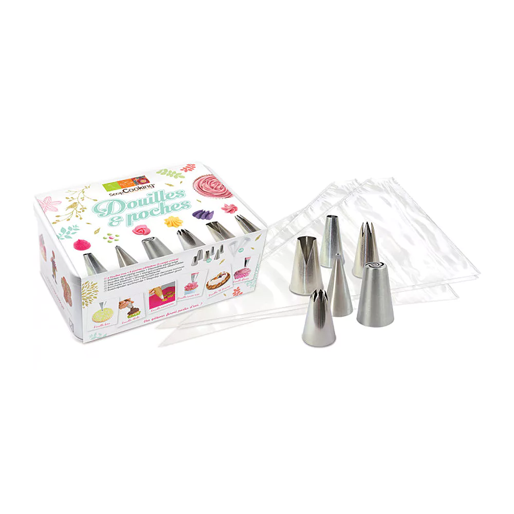 Metal Box 6 Stainless Steel Sockets and 8 Pastry Bags  - Scrapcooking
