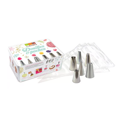 Metal Box 6 Stainless Steel Sockets and 8 Pastry Bags  - Scrapcooking