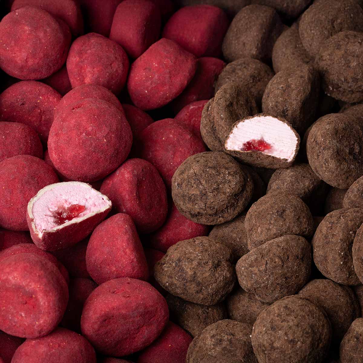 Strawberry mallows , white chocolate coated and raspberry powder- the Mallows