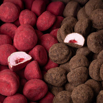 Strawberry mallows , white chocolate coated and raspberry powder- the Mallows