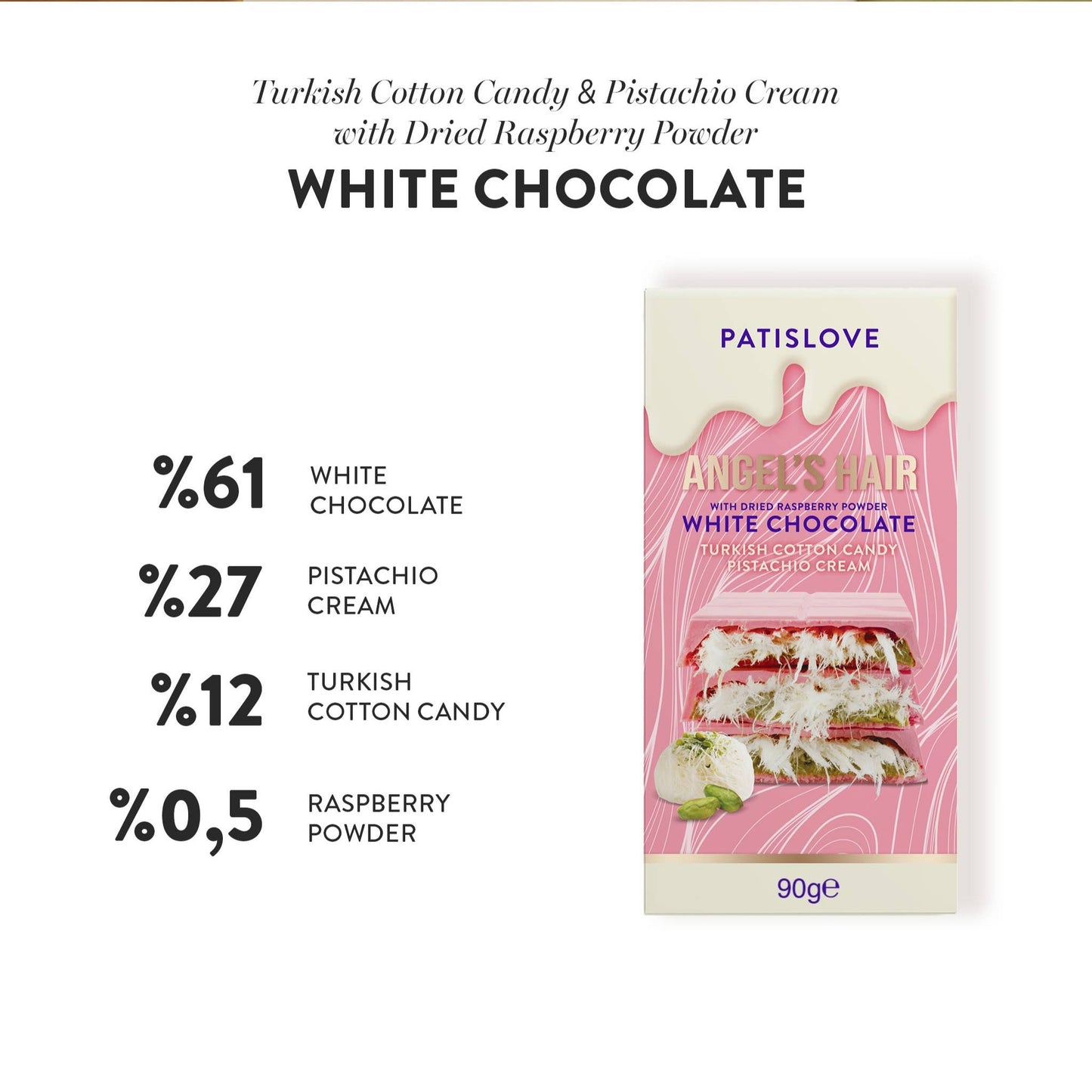 Angel’s Hair White Chocolate with Dried Raspberry Powder - Patislove 90gr