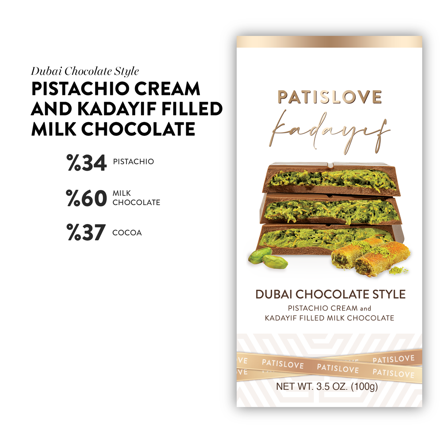 Pistachio & Kadayif Milk Chocolate - Patislove 100gr